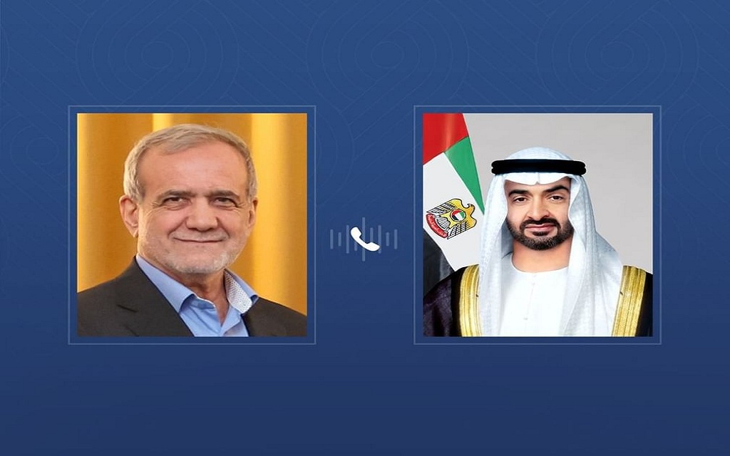الشيخ محمد بن زايد آل نهيان رئيس الإمارات والدكتور مسعود بزشكيان رئيس الجمهورية الإسلامية الإيرانية